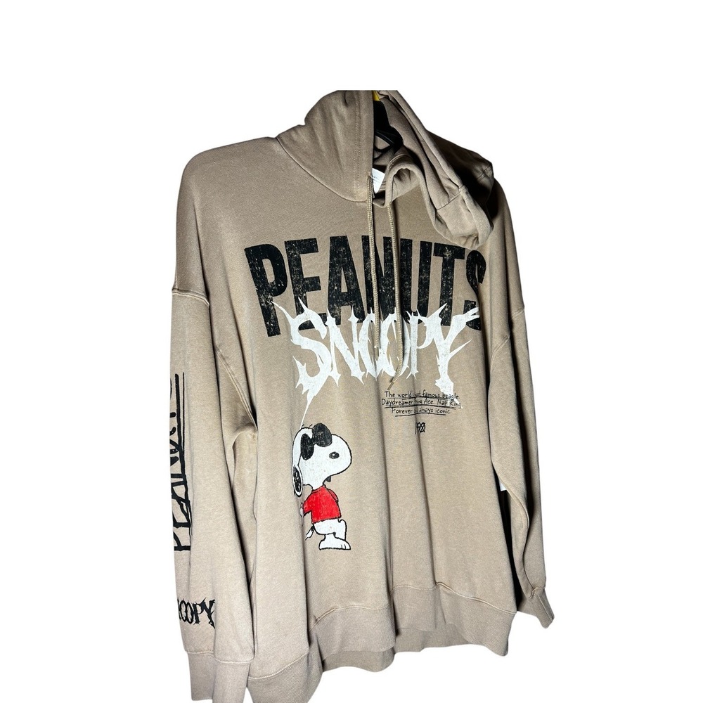 Peanuts Snoopy Joe Cool Oversized Graphic Hoodie Khaki Tan Women L Pullover - Picture 6 of 12